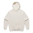 Plain cream-colored hoodie with front pocket and hood.