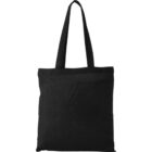 Black tote bag with two handles on a white background.