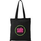 Black tote bag with safe logo in pink and green.