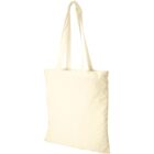 A plain beige canvas tote bag with two long handles.
