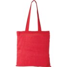 Red tote bag with long handles on a white background.