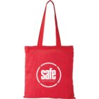 Red tote bag with safe and see. act. fix. everyday. in white text inside a white circle.