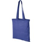 Blue fabric tote bag with long handles against white background.
