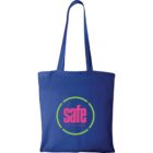 Blue tote bag with safe logo and see, act, fix, everyday text in pink and green.