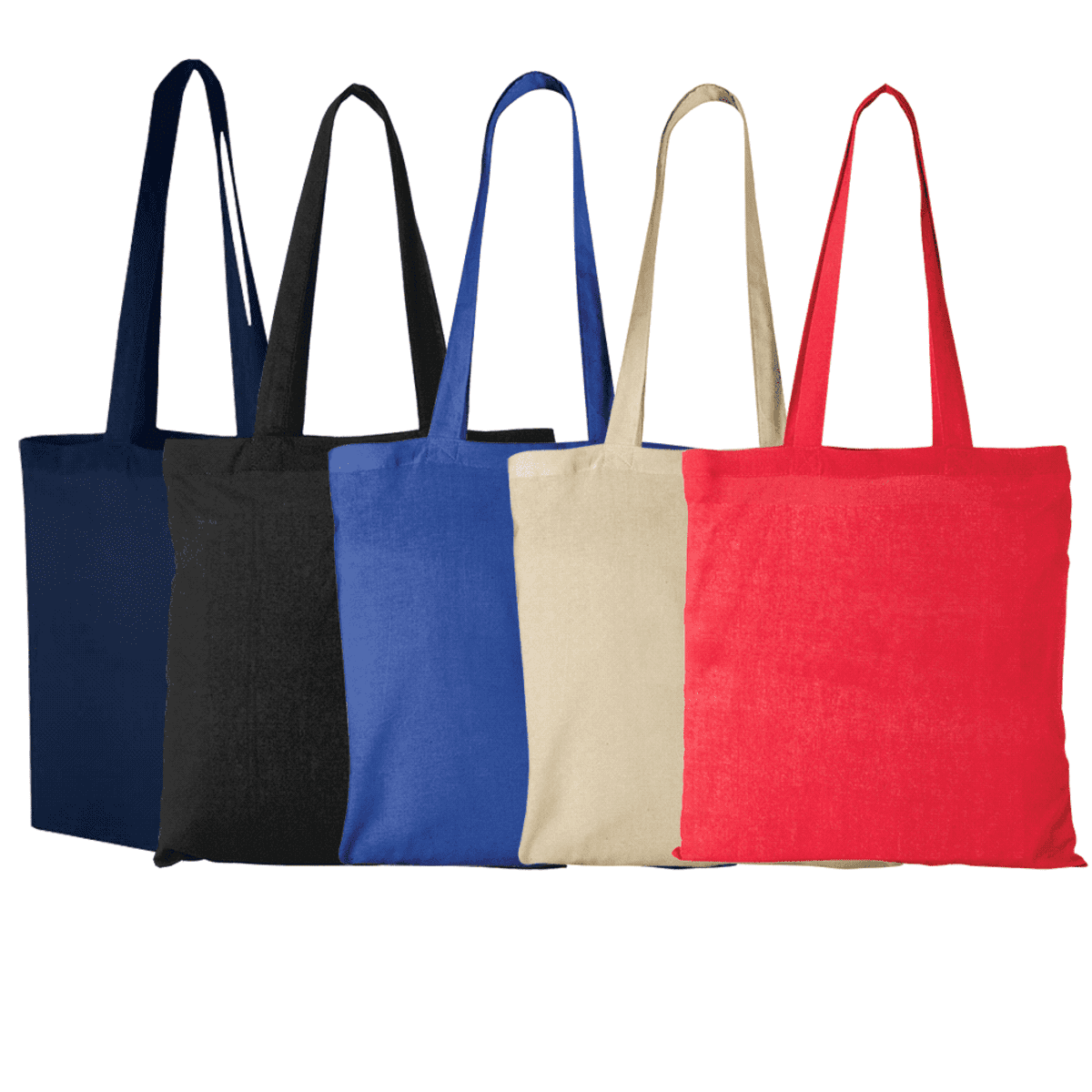 Five colorful tote bags: navy, black, blue, beige, and red, lined up side by side.