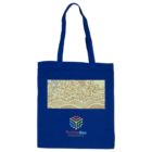 Blue tote bag with an abstract design and TechnoBox Hosting Service logo.