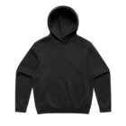 Black hoodie with front pocket and hood, isolated on white background.