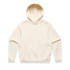 Beige hoodie with a front pocket and drawstring hood.