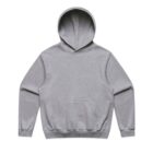 Gray hoodie with a front pocket, laid flat, on a plain white background.
