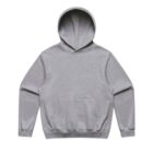 Gray hoodie with a front pocket, laid flat against a white background.