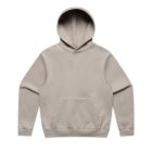 Beige hoodie with front pocket and hood, laid flat on a white background.