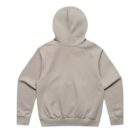 Back view of a plain beige hoodie with a hood and long sleeves.