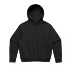 Black hoodie laid flat on a plain white background.
