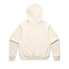 Back view of a plain cream-colored hoodie with a hood and long sleeves.