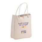 Beige tote bag with bright energy for a bright world printed, and eman solar logo.