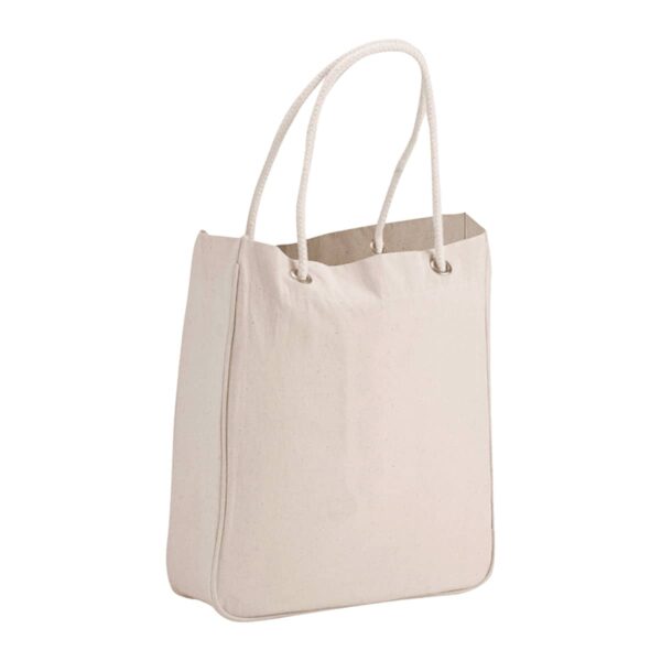Beige canvas tote bag with rope handles, standing upright.