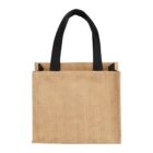 A square jute tote bag with black handles.