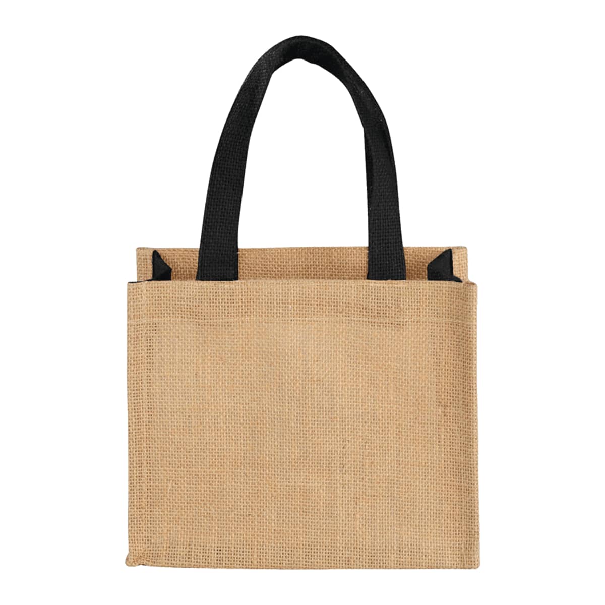 A square jute tote bag with black handles.