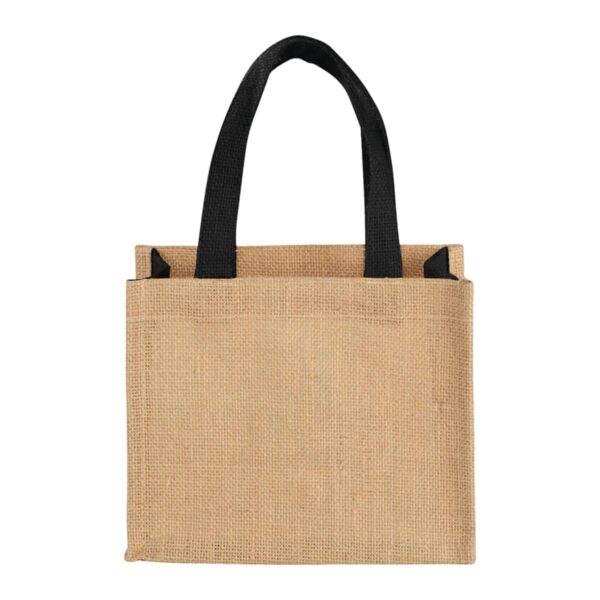 A small jute tote bag with black handles.