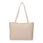 Beige canvas tote bag with long handles against a white background.