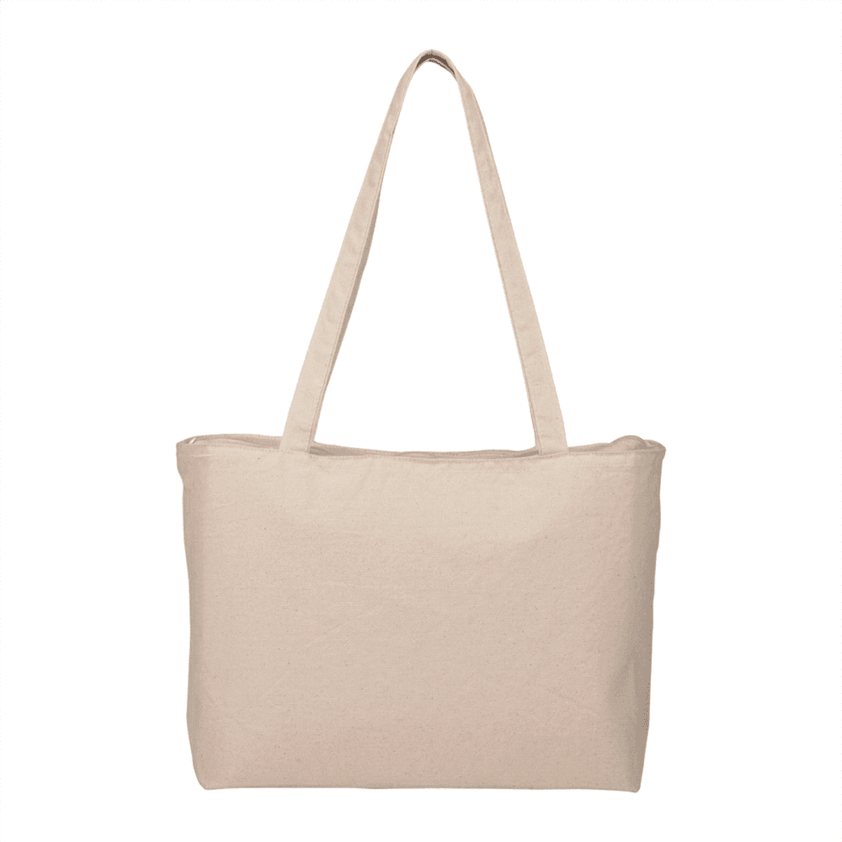 Beige canvas tote bag with long handles against a white background.