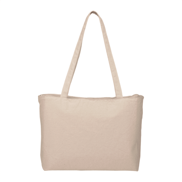 Beige fabric tote bag with long handles on a white background.