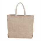 Beige woven tote bag with two handles, on a white background.