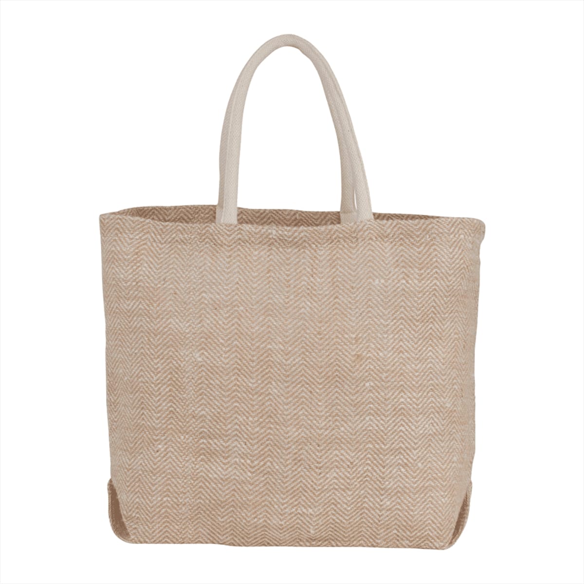 Beige woven tote bag with two handles, on a white background.