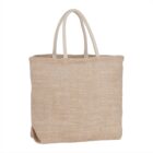Beige fabric tote bag with woven pattern and two handles.