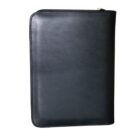 Black leather zippered portfolio against a white background.
