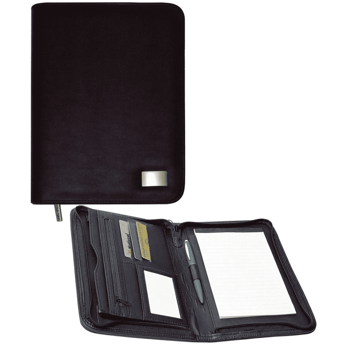 Black leather portfolio with compartments, a notepad, and a pen.