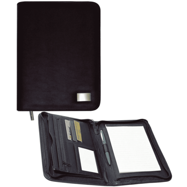 Black leather portfolio with notepad, pen, and card slots, shown open and closed.
