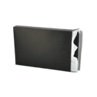 Black rectangular tissue box with tissues protruding from the side.