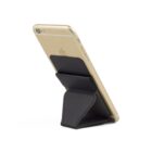 Phone on a black stand, angled side view, against a white background.