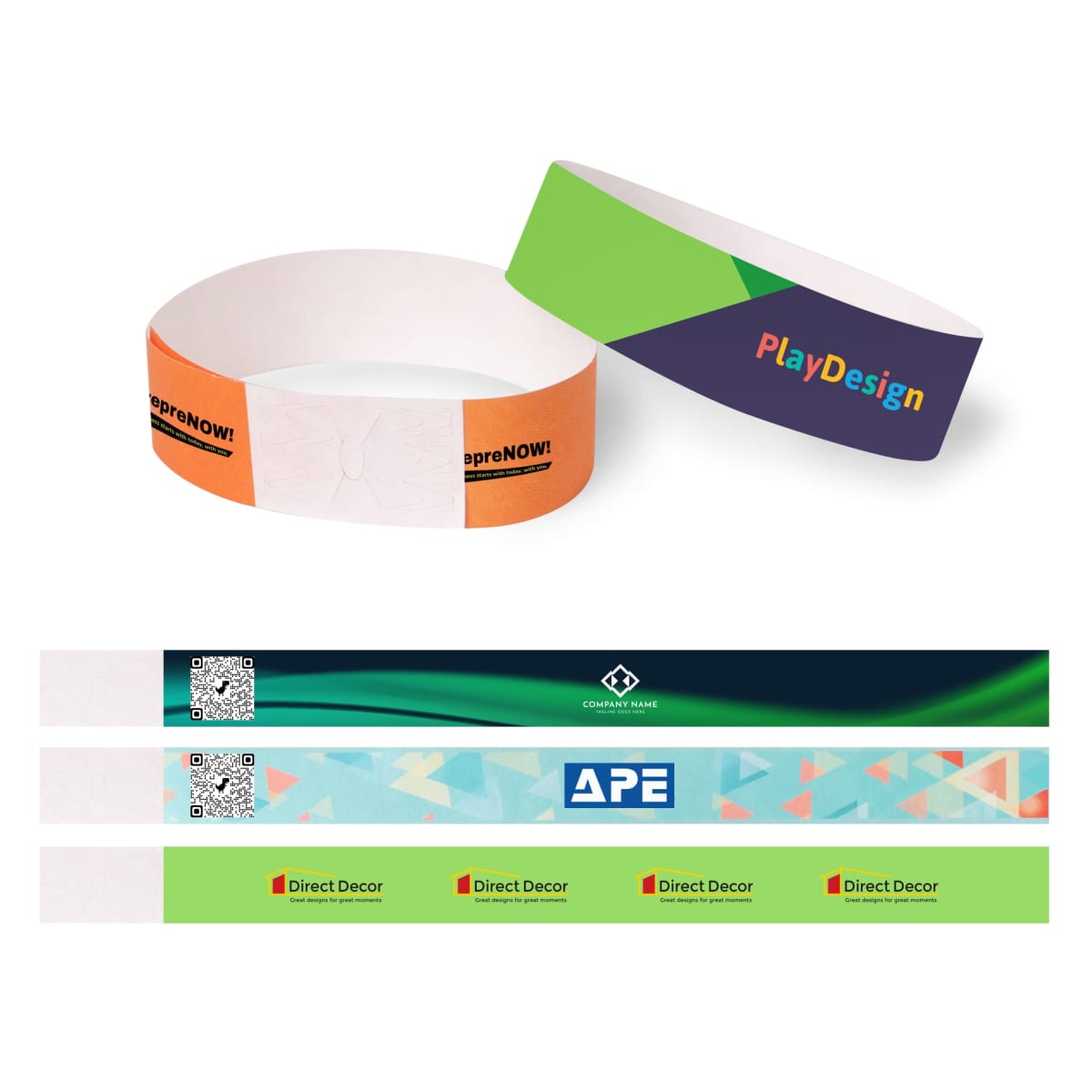 Colorful design wristbands displayed in various styles and orientations.