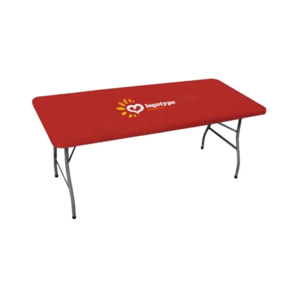Red rectangular folding table with metal legs and a logotype design on top.