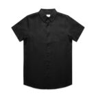 Black short-sleeve button-up shirt on a white background.