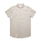 Beige short-sleeve button-up shirt with a collar and chest pocket.