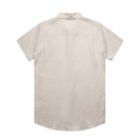 Back view of a short-sleeved, light beige button-up shirt with a collar.