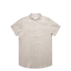 Beige short-sleeve button-up shirt with a front pocket on a plain white background.