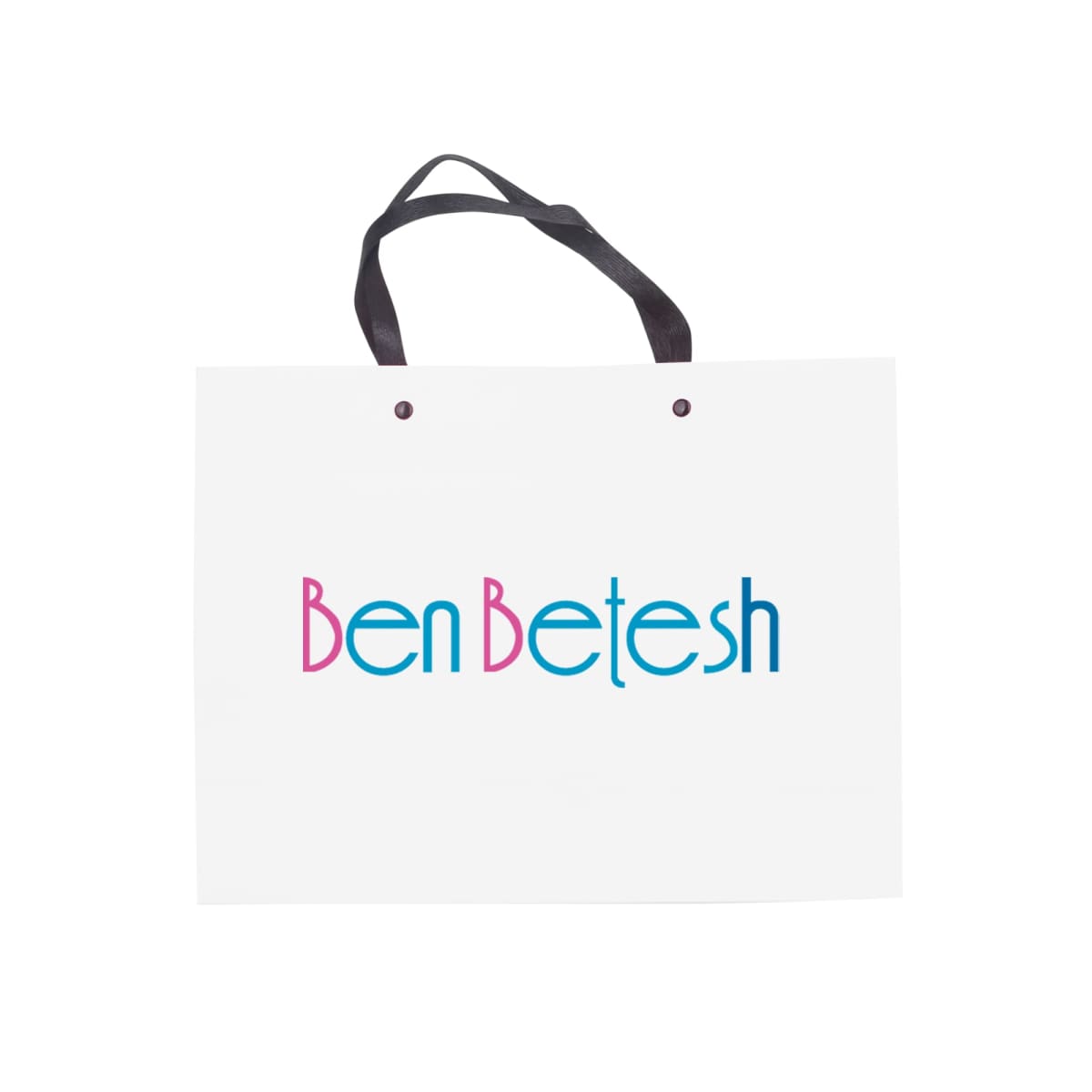 White shopping bag with Ben Betesh in blue and pink text. Black handles on top.
