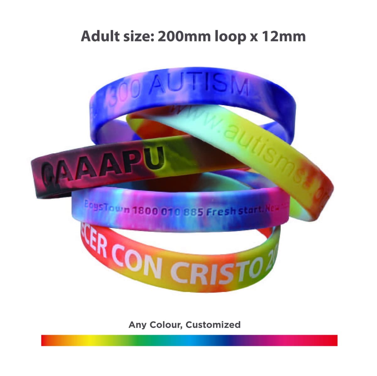 Colorful customized wristbands with text, displayed in a stack.