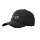 Black cap with perforated sides and gold BOSS embroidered on the front.