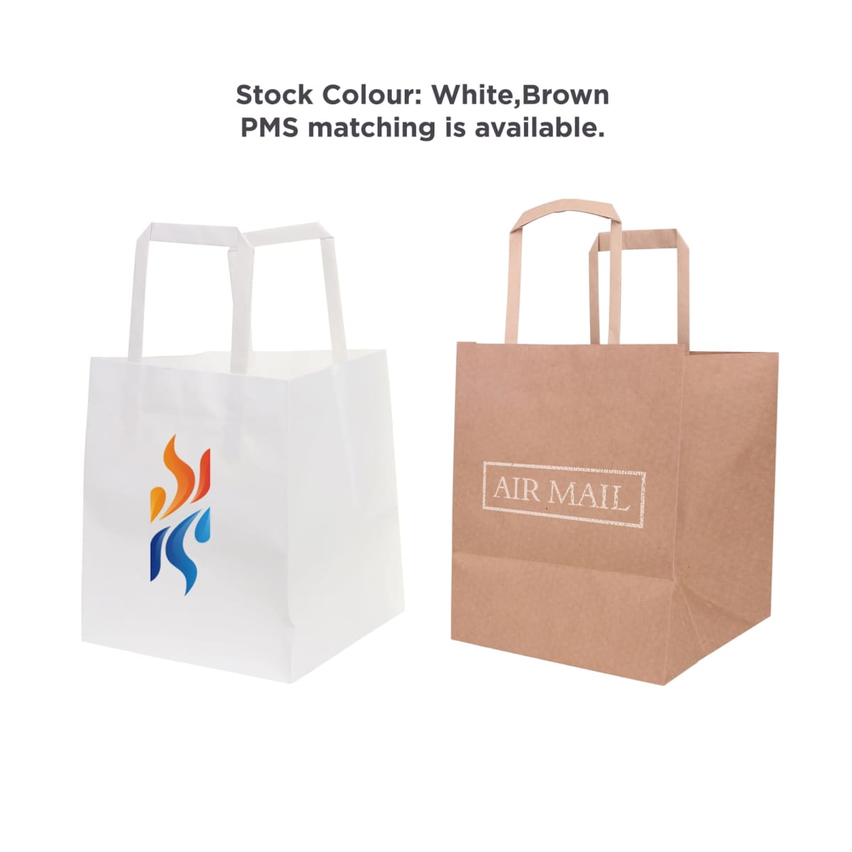 White and brown paper bags with handles and printed designs.