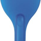 A blue plastic ice scraper with a wide, flat blade and a short handle.
