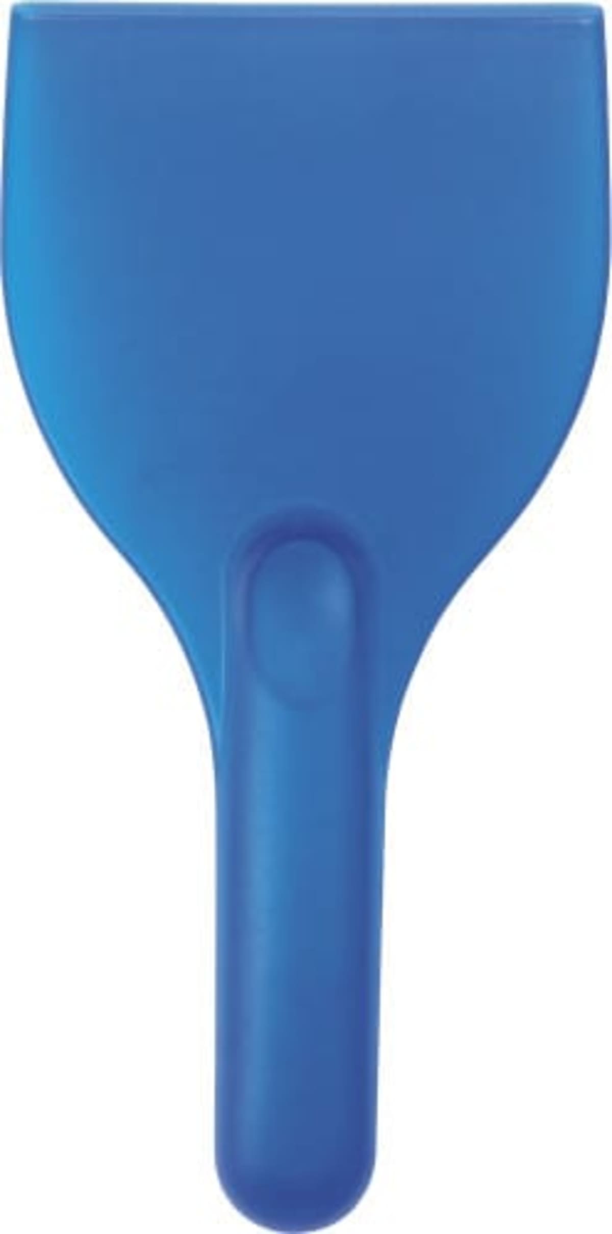 A blue plastic ice scraper with a wide, flat blade and a short handle.