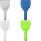 Four plastic ice scrapers in white, blue, gray, and green on a white background.