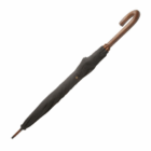 Closed 58cm blue Shelta umbrella with curved wooden handle, positioned diagonally.