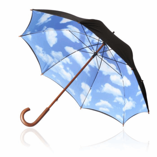 58cm Long Shelta Blue Sky Umbrella with wooden handle and cloud-patterned interior.
