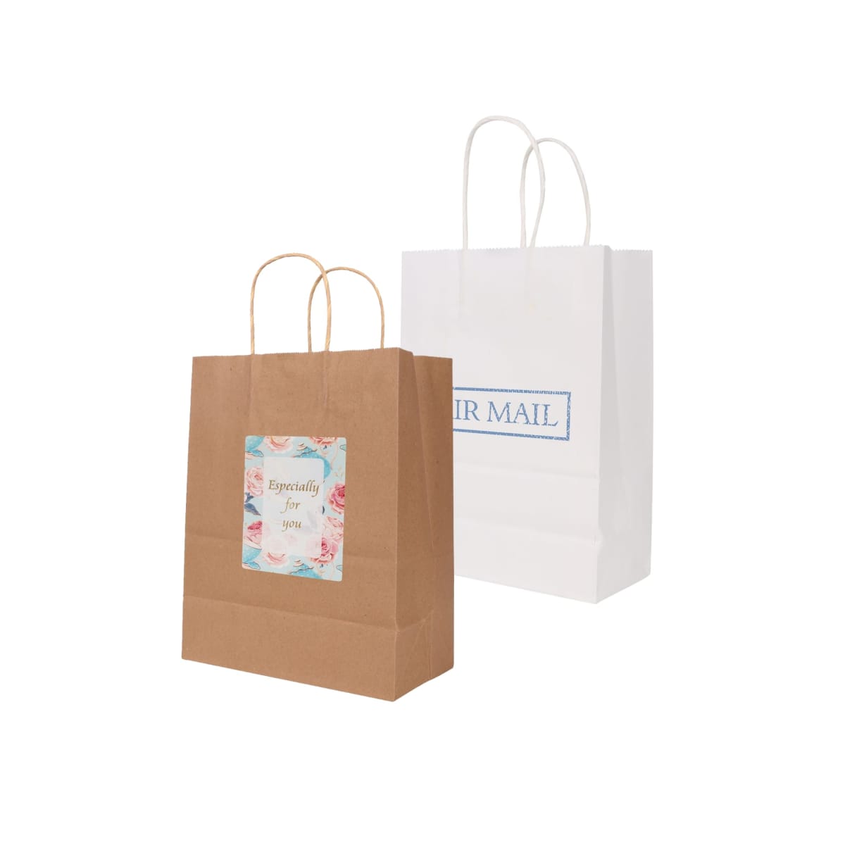 Two paper bags: one brown with floral label, one white with AIR MAIL text.